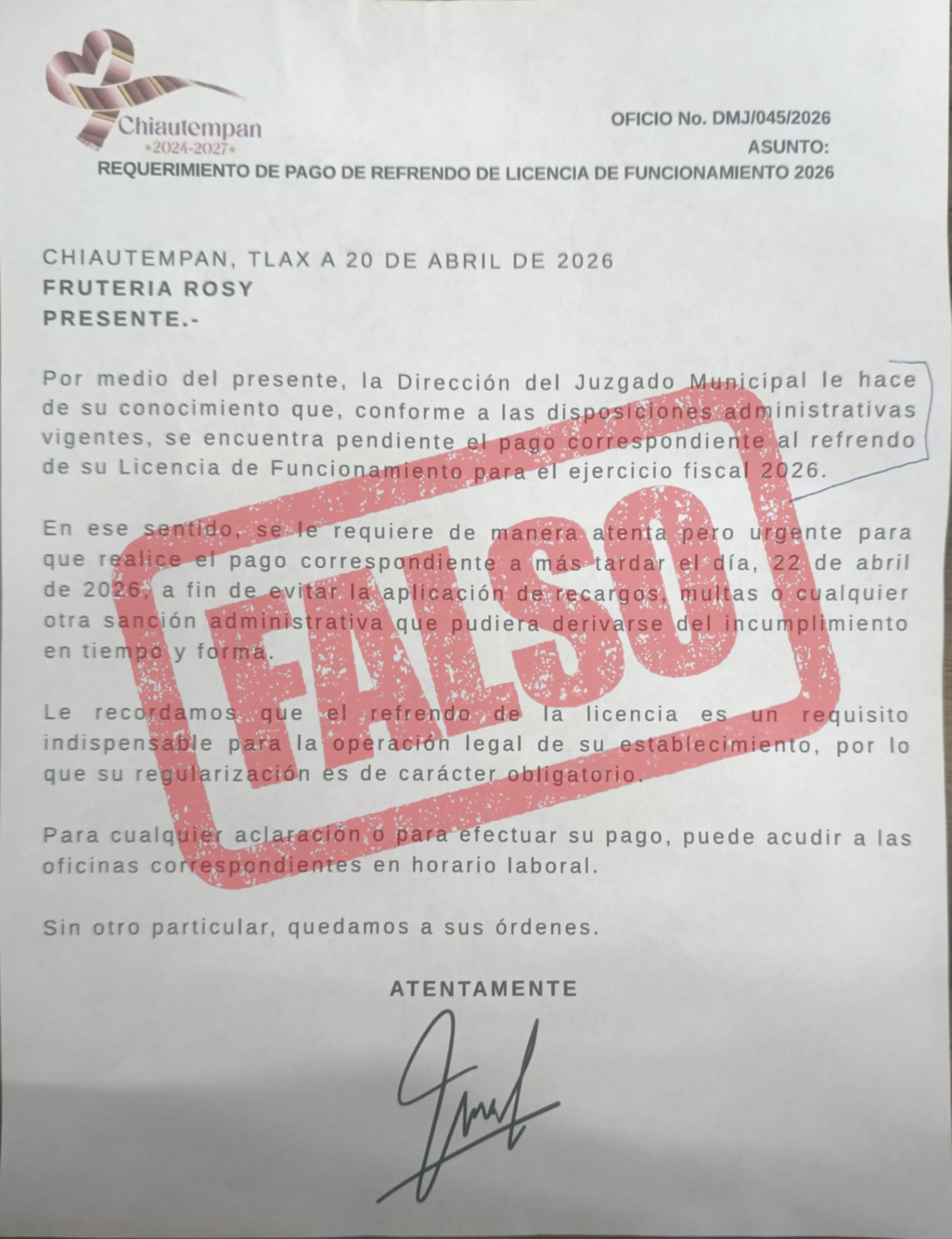 Ayuntamiento de Chiautempan advierte sobre documentos falsos para cobro de refrendos de licencias